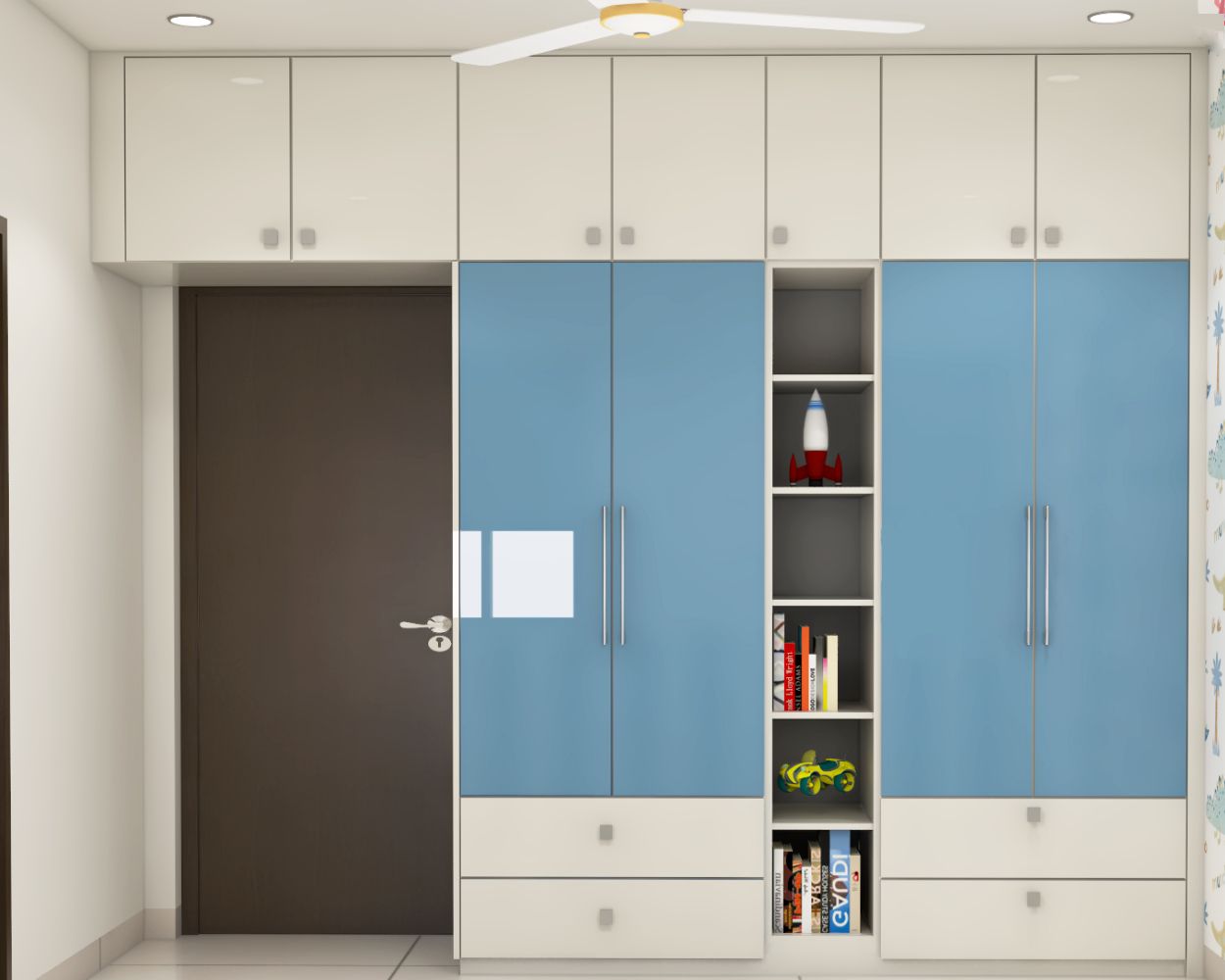 Modern Blue And White 4-Door Swing Wardrobe Design With Open Shelf Unit