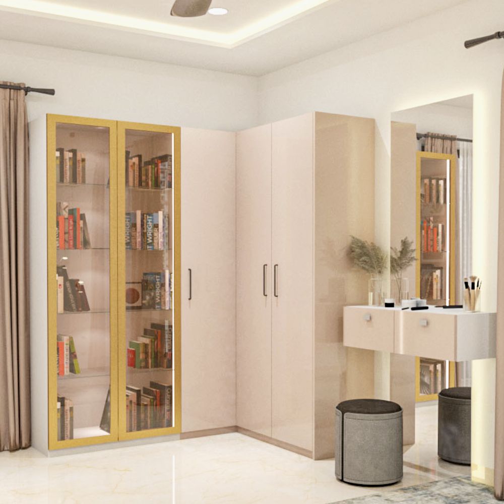 5-Door Modern Swing L-Shaped Wardrobe Design With Champagne-Toned And Glass Shutters