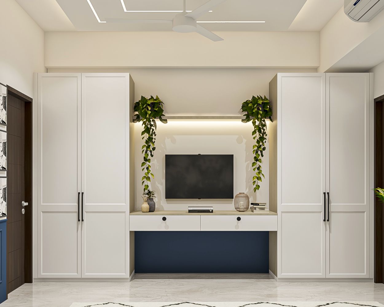 Scandinavian 4-Door White Swing Wardrobe Design With Integrated Wall-Mounted TV Unit