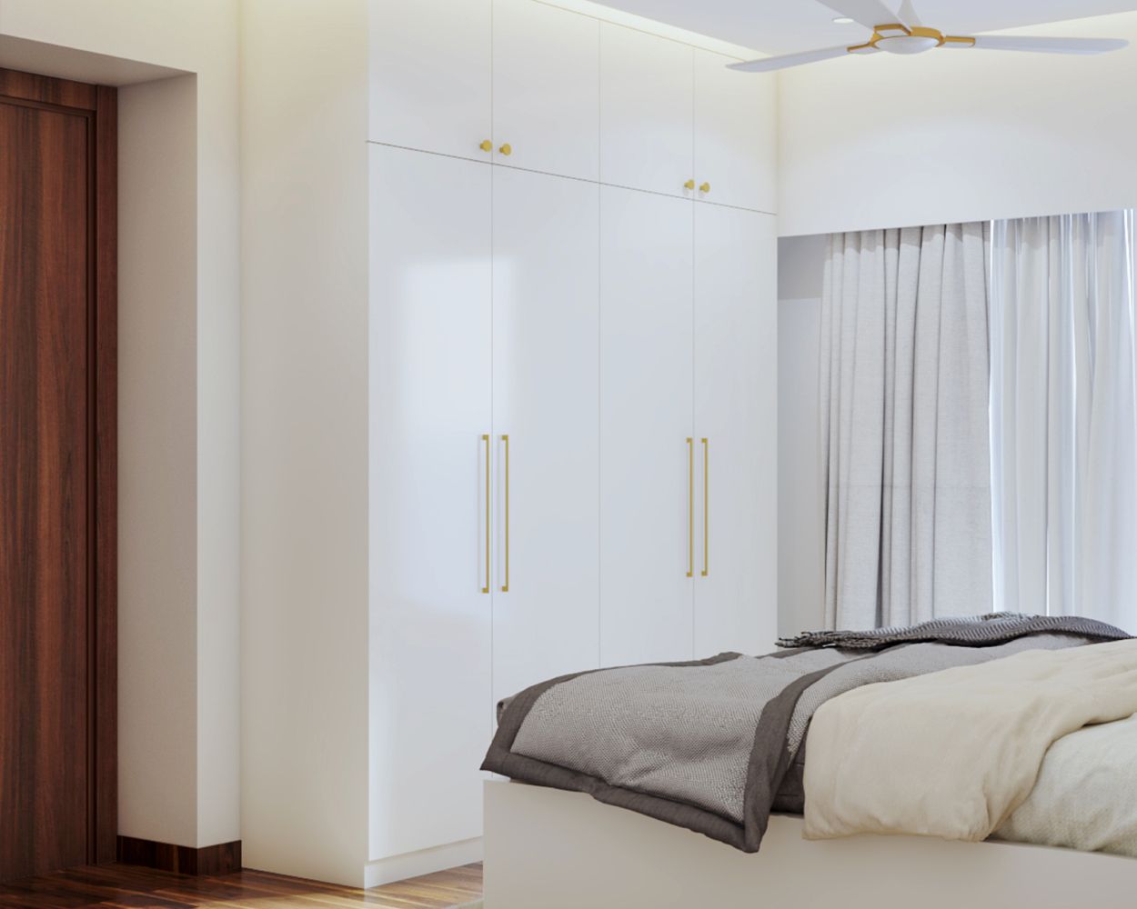 Minimal 4-Door White Swing Wardrobe Design With Loft Storage
