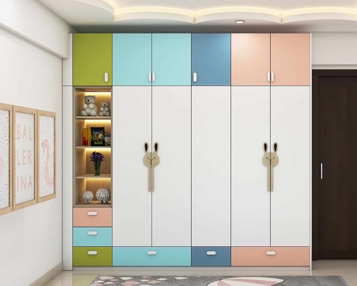 Modern 5-Door White Swing Wardrobe Design With Multicoloured Loft Storage And Drawer Units