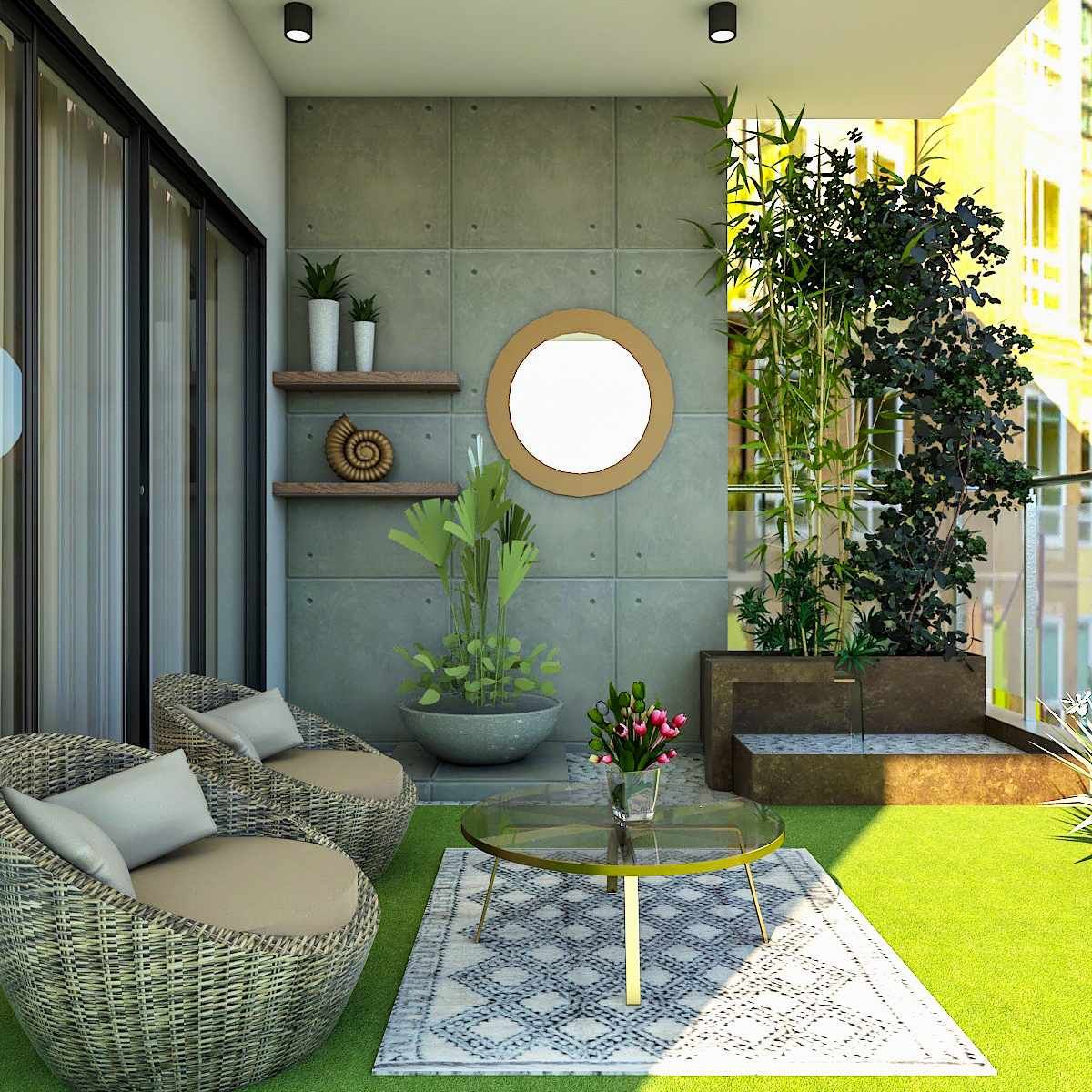 Tropical Balcony Design With Concrete Wall And Circular Mirror