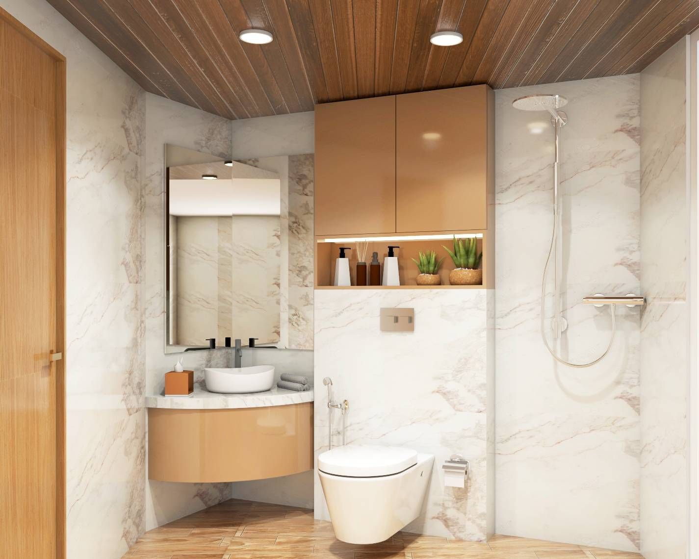 Modern Bathroom Design With Wooden Ceiling