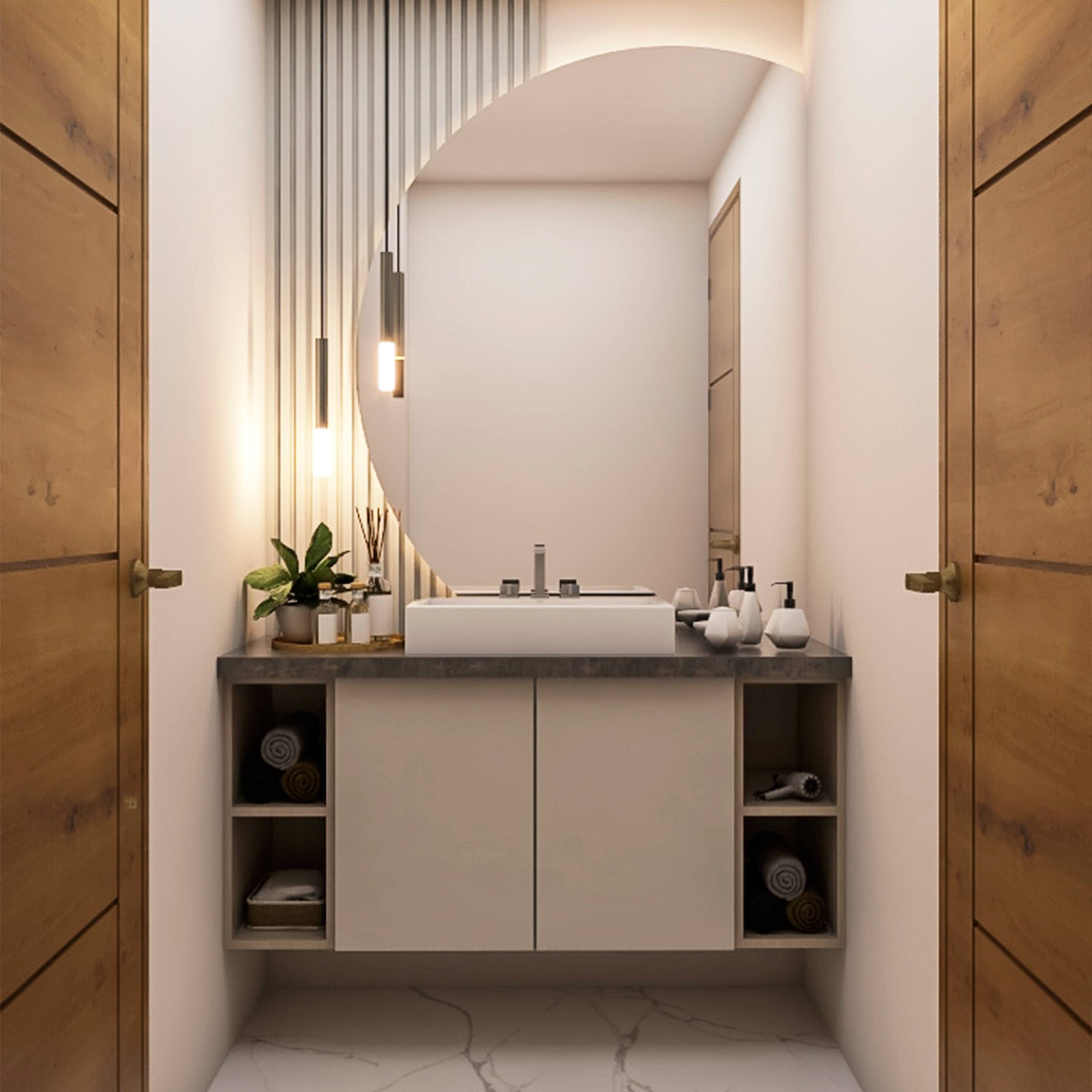 Modern Compact Bathroom Design With Semi-Circular Mirror