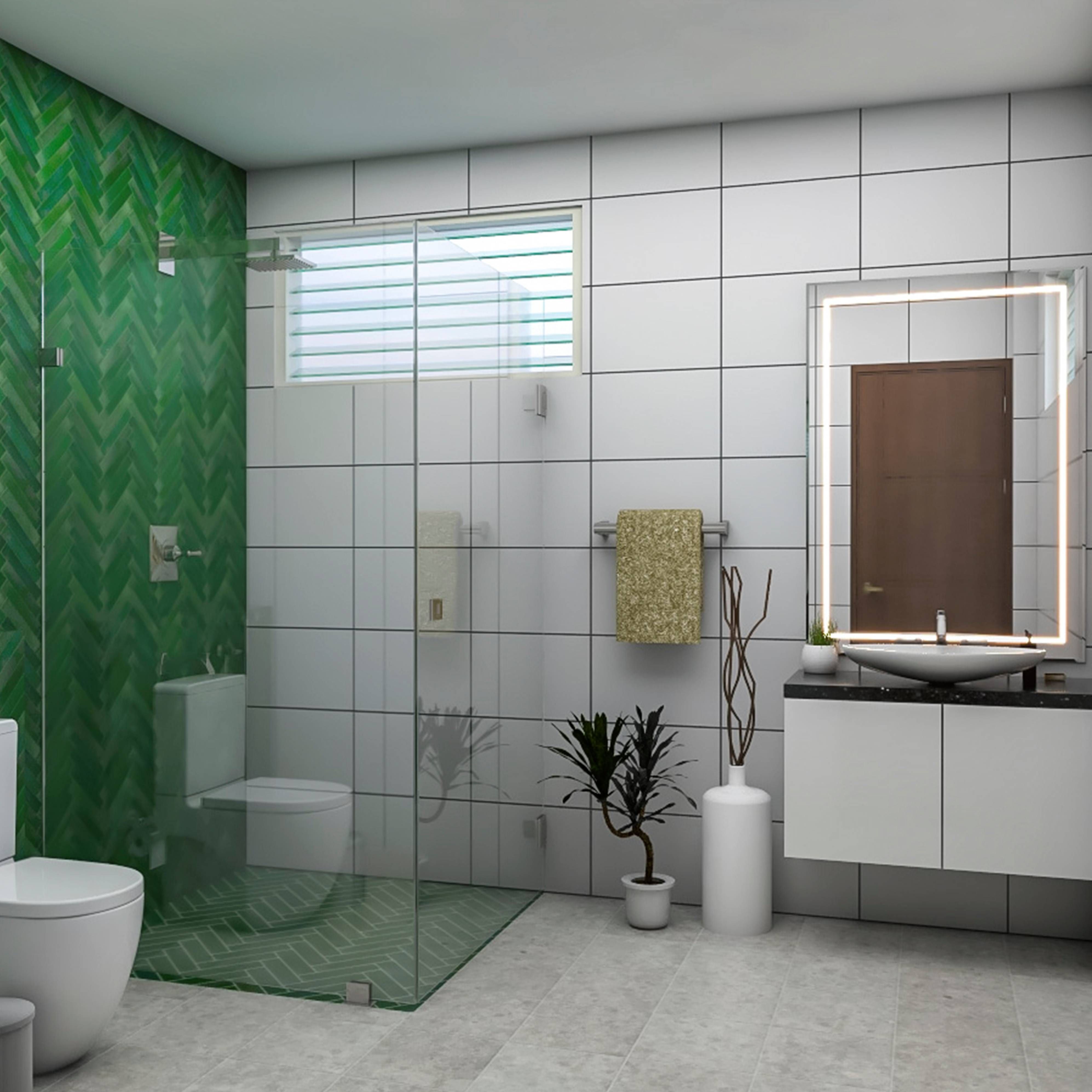 Green And White Bathroom Design With Glass Cubicle