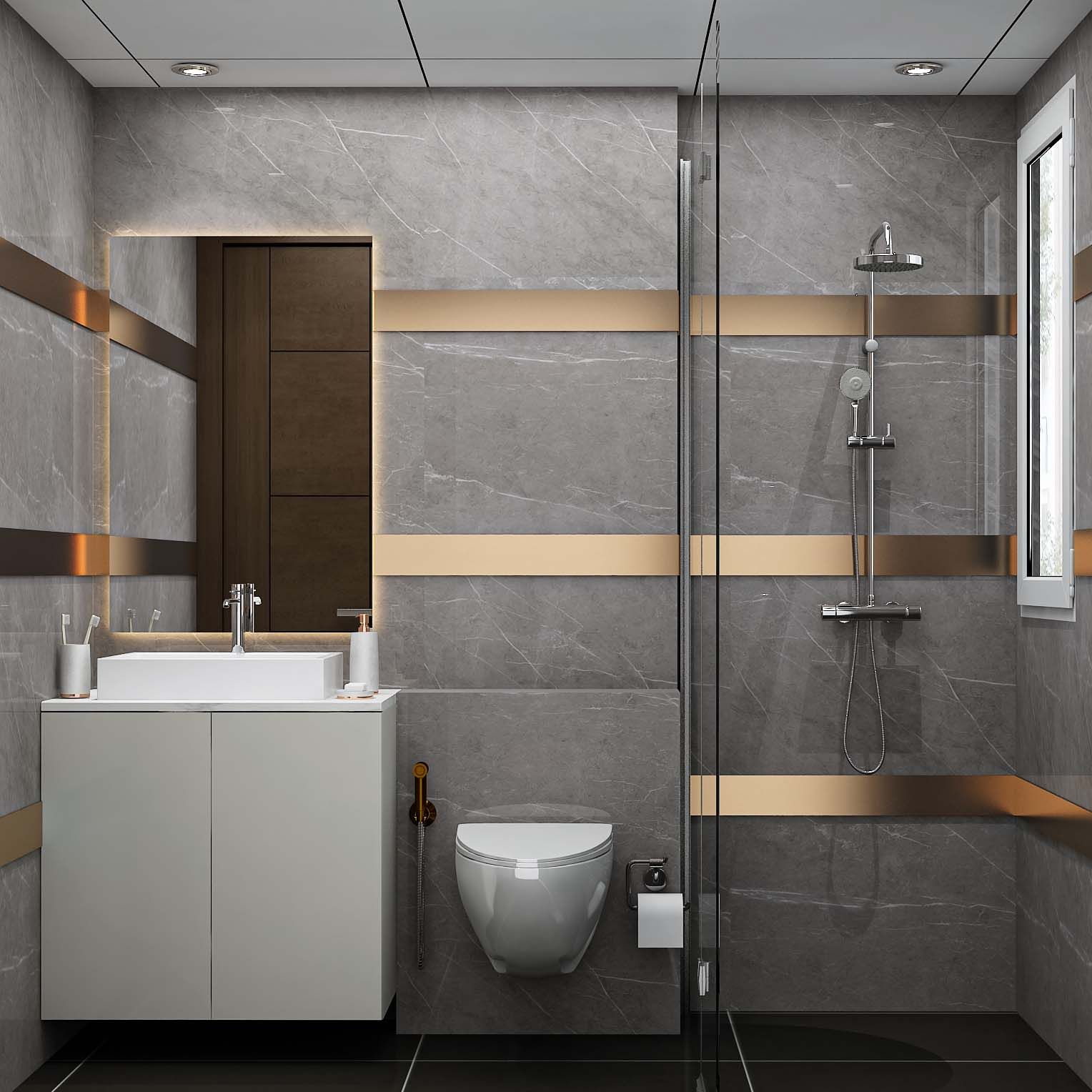 Contemporary Washroom Design With Grey And Black Tiles