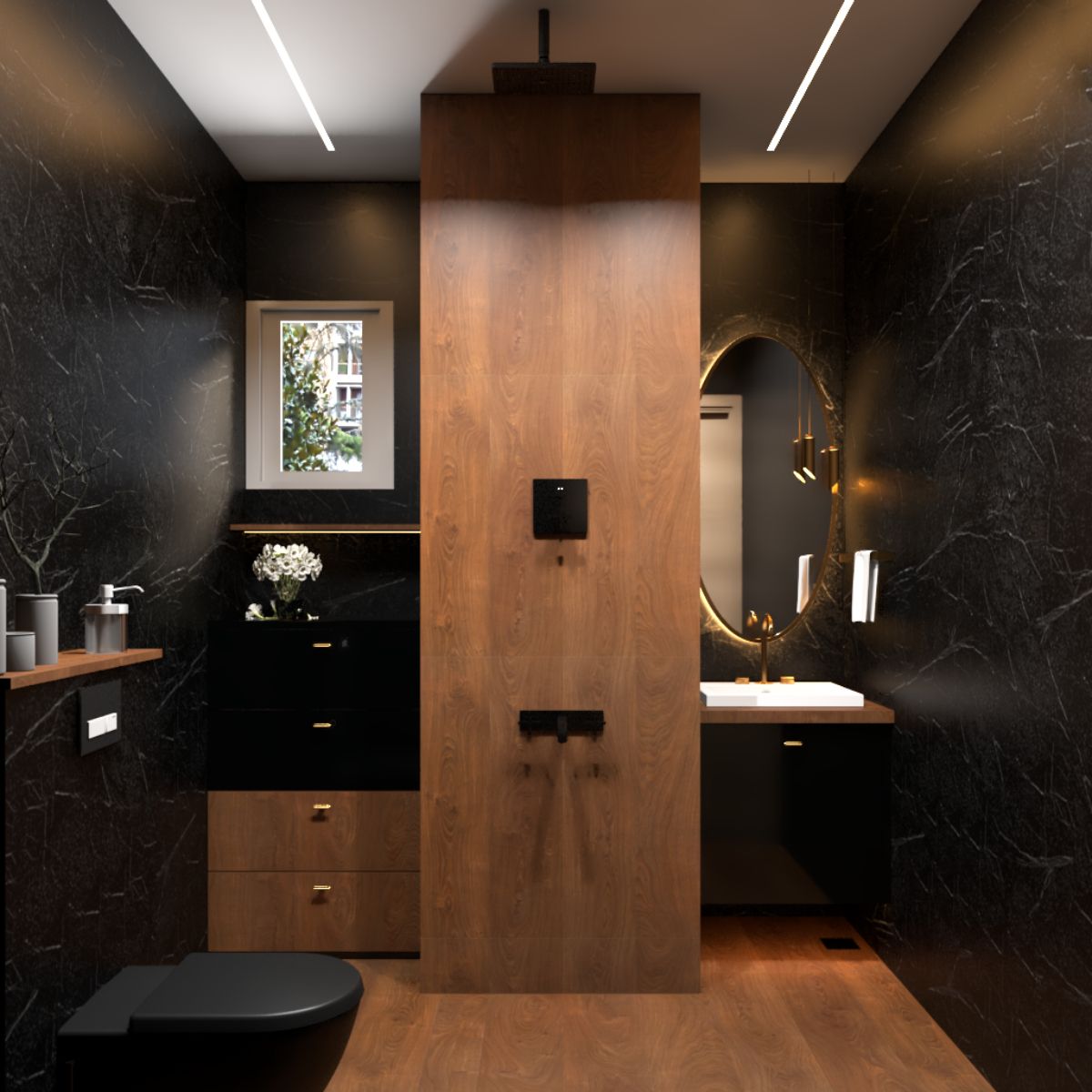 Contemporary Bathroom Design With Black Marble Wall Tiles