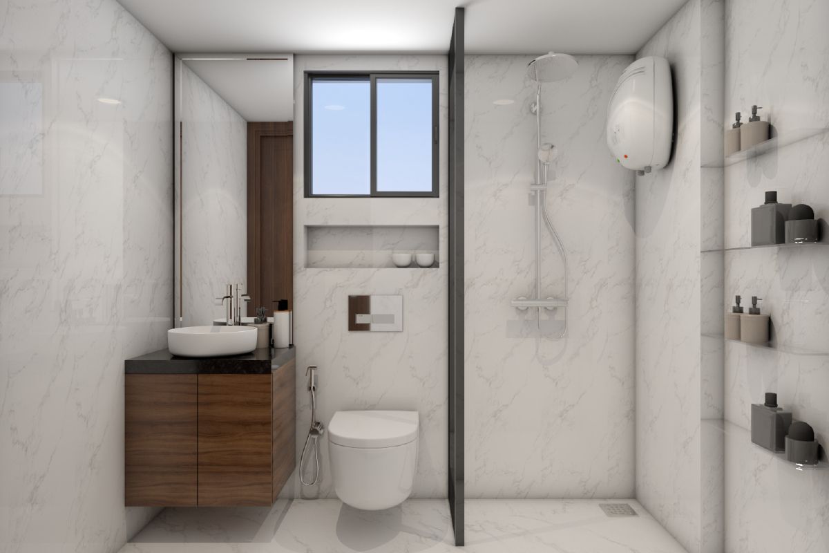 White Marble Modern Bathroom With Glass Partition Livspace 0597