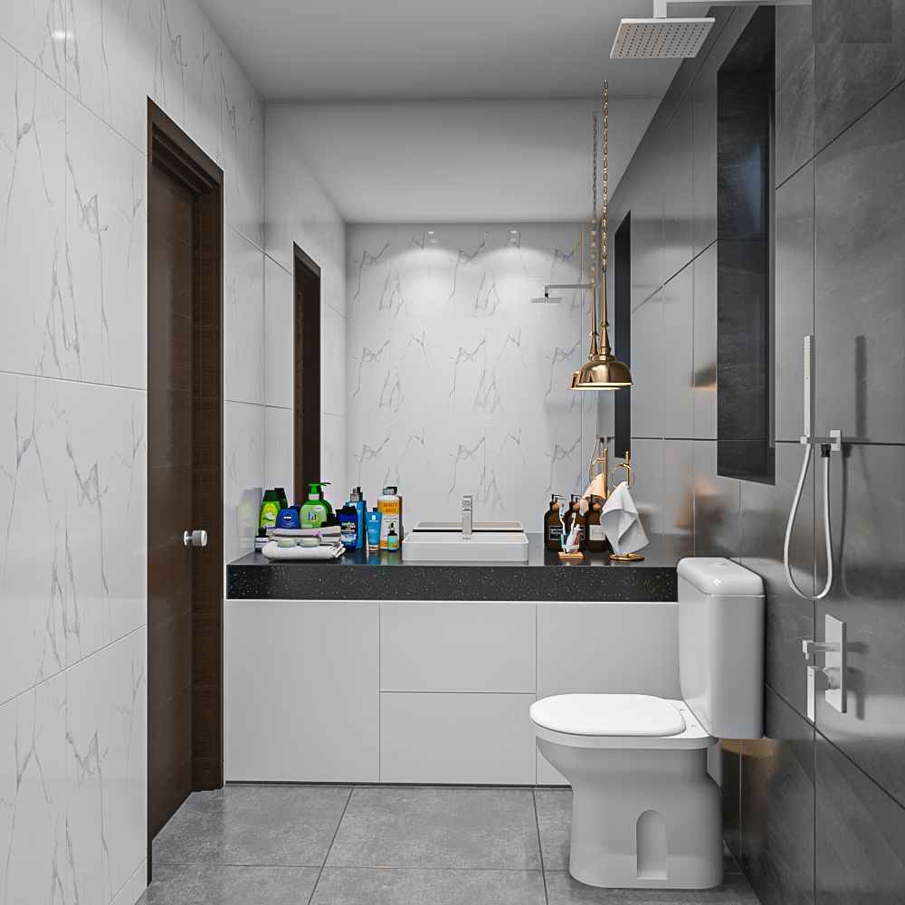 Modern Bathroom Design With White And Grey Tiles