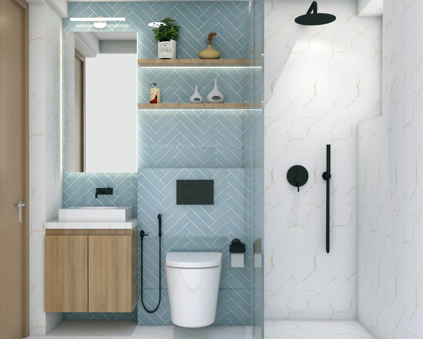 Pastel Blue Bathroom Design With LED Lighting