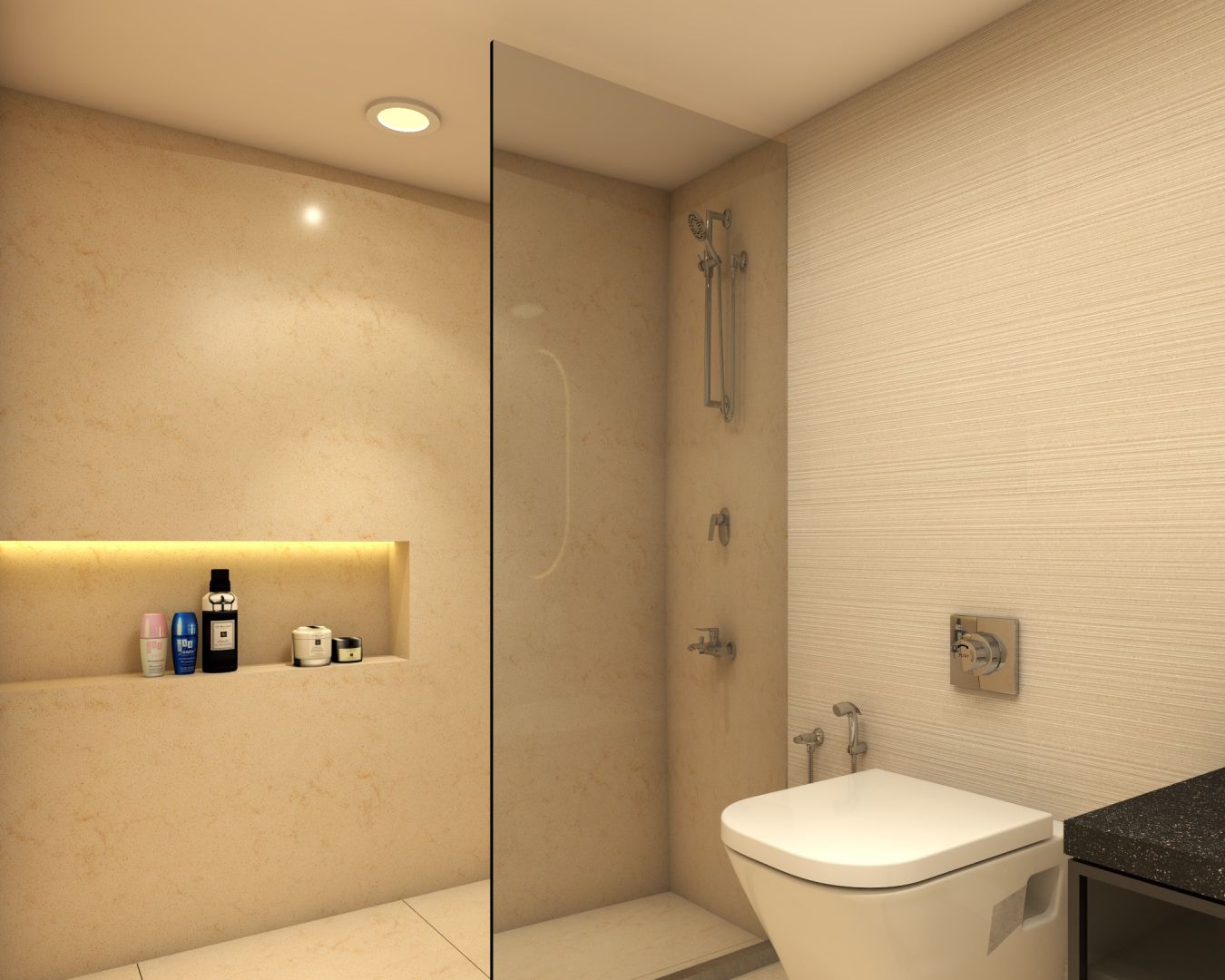 Spacious Washroom Design With A Glass Partition Livspace