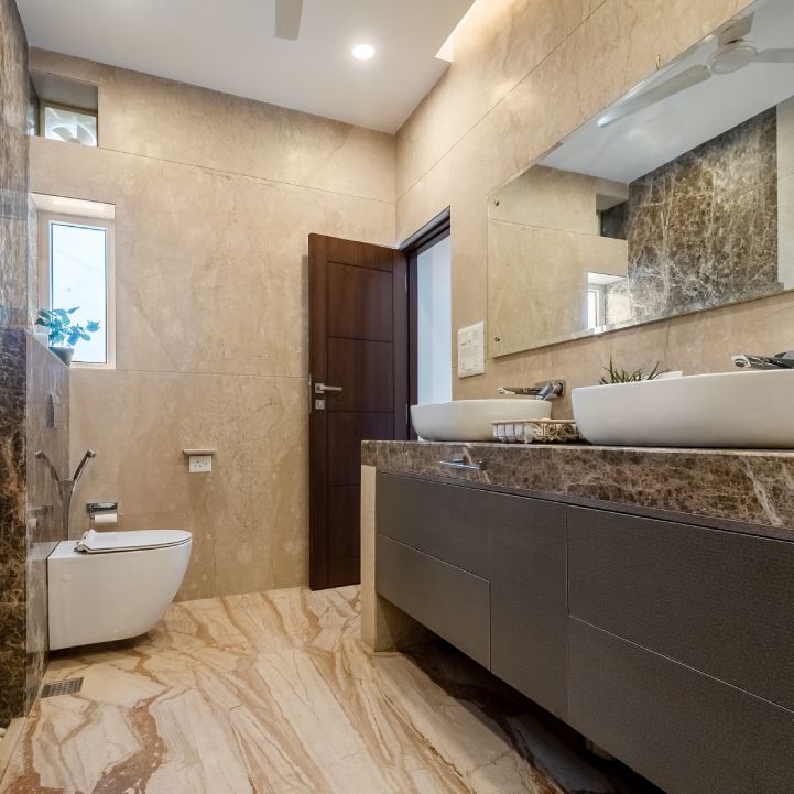 Contemporary Beige And Brown Bathroom Design With Double Wash Basin
