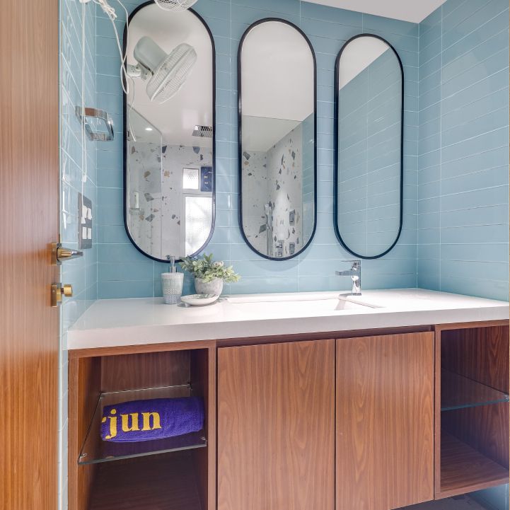 Contemporary Bathroom Design With Blue Subway Tiles