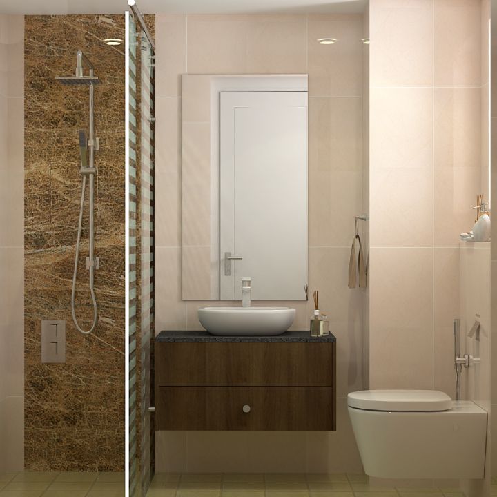 Contemporary Small Bathroom Design Idea With Textured Brown Tiles
