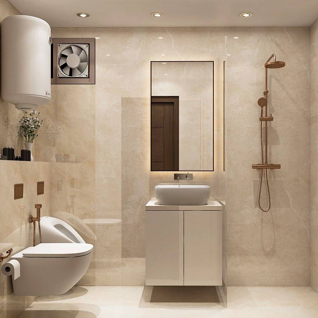 Beige Modern Small Bathroom Design Idea With Wall-Mounted Vanity | Livspace