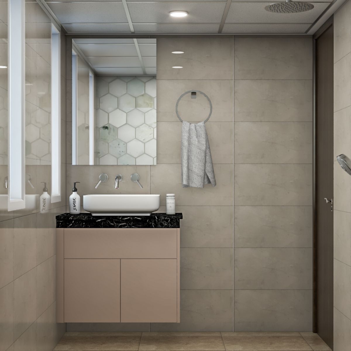 Contemporary Small Bathroom Design With Hexagonal Wall Tiles