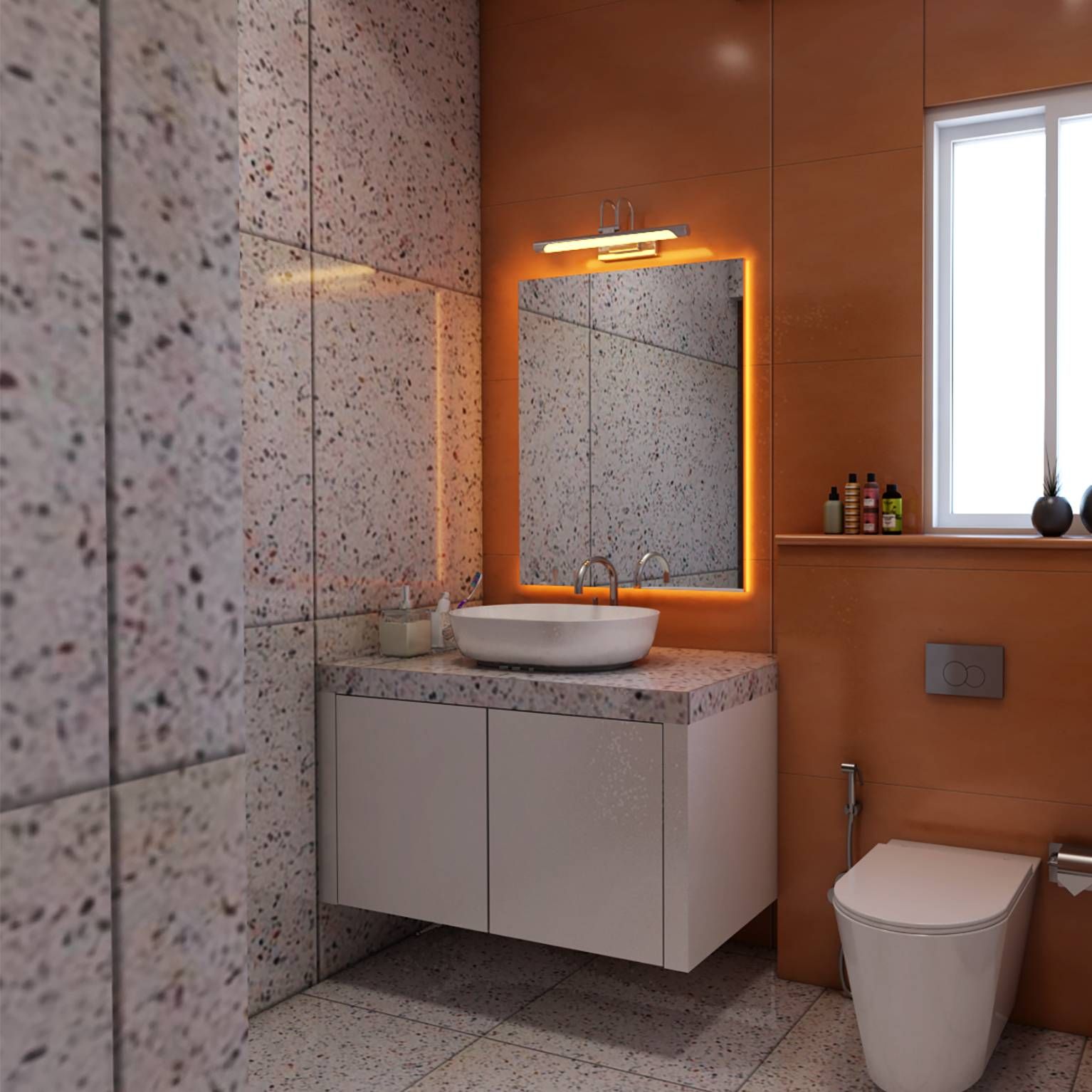 Modern Spacious Bathroom Design With Backlit Mirror