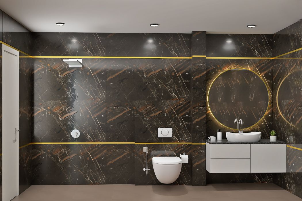 Black Marble Contemporary Bathroom with Golden Inlay Livspace