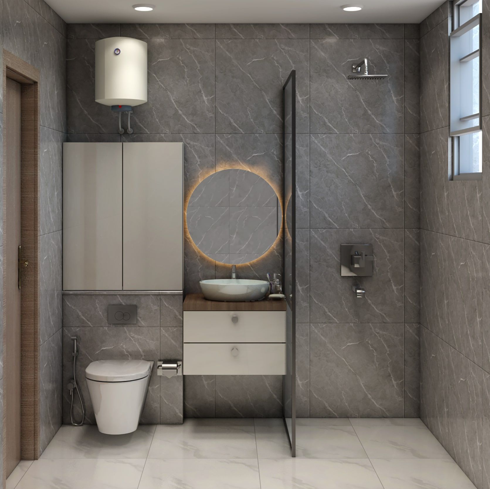 Simple White and Grey Tiles Contemporary Bathroom | Livspace