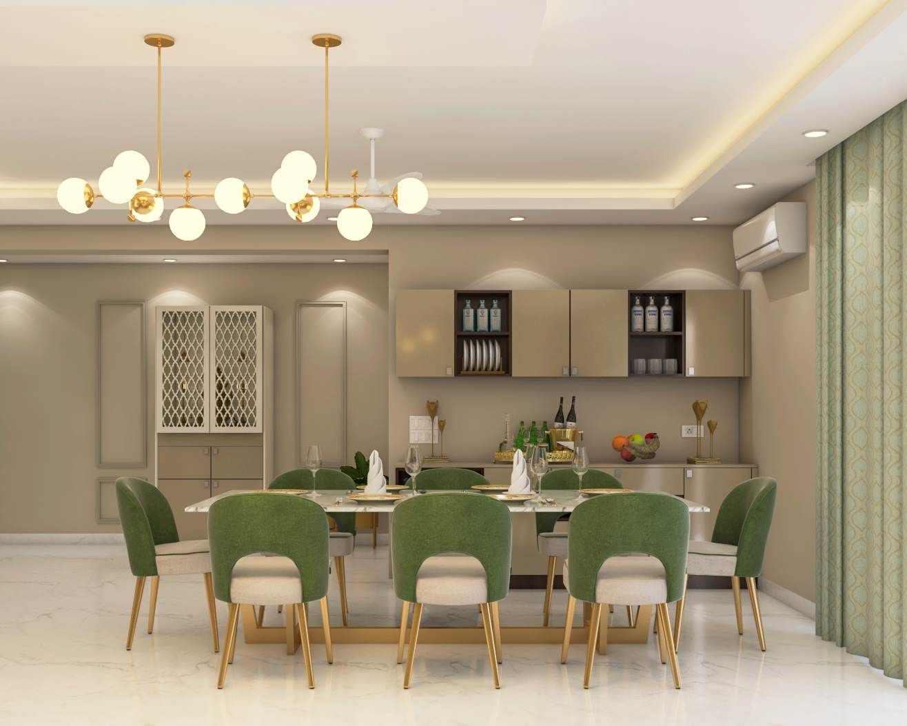 Spacious Dining Room With Green And Cream Upholstered Chairs | Livspace