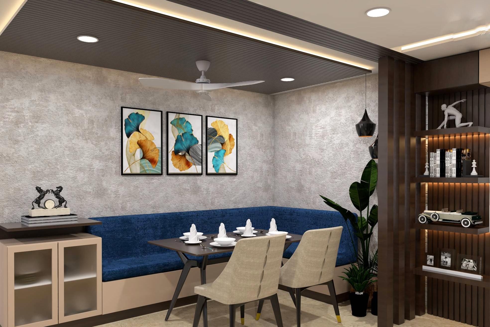 Modern Dining Room Design With Upholstered Blue Seater
