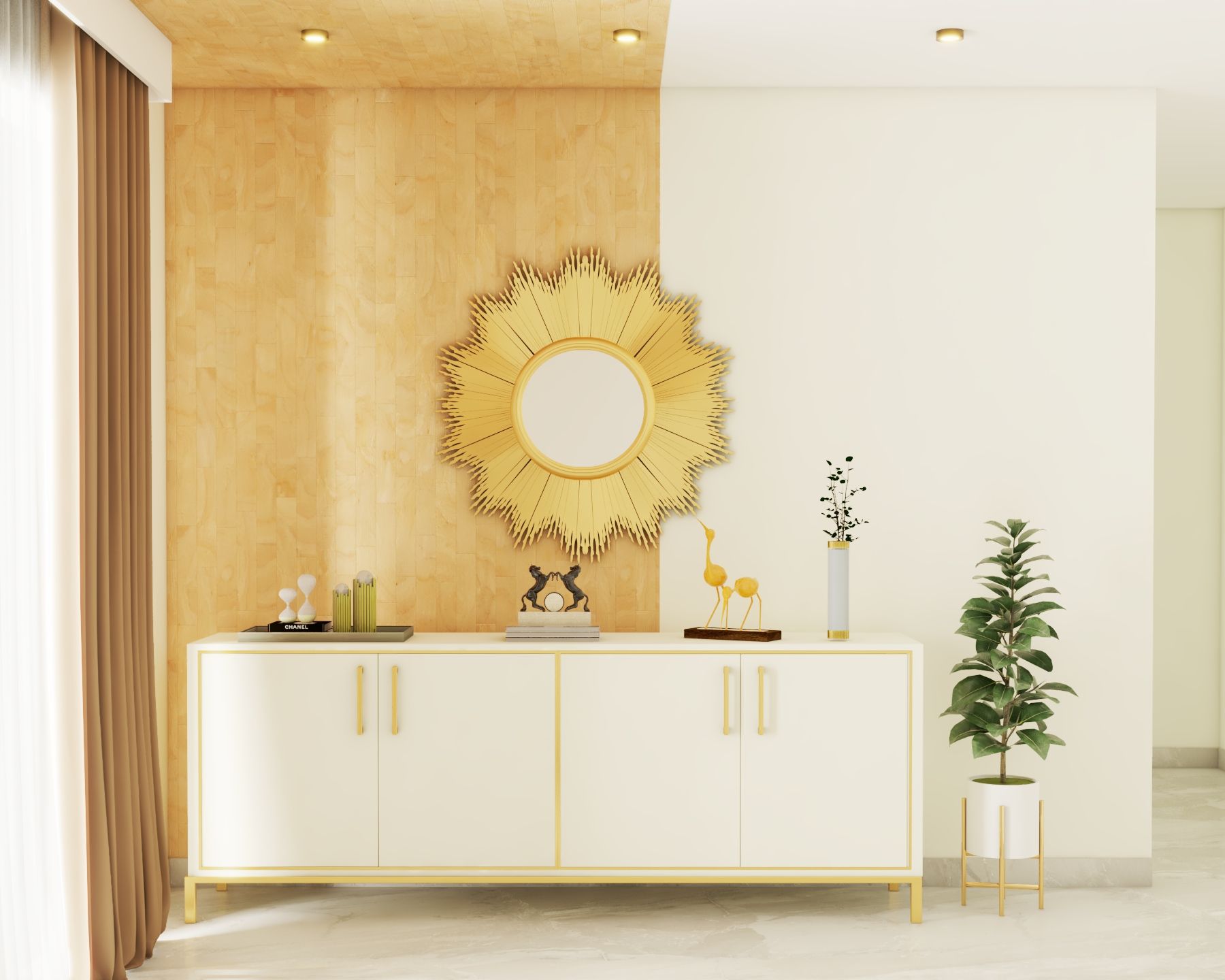 Contemporary Foyer Design With Wooden Grain Wallpaper