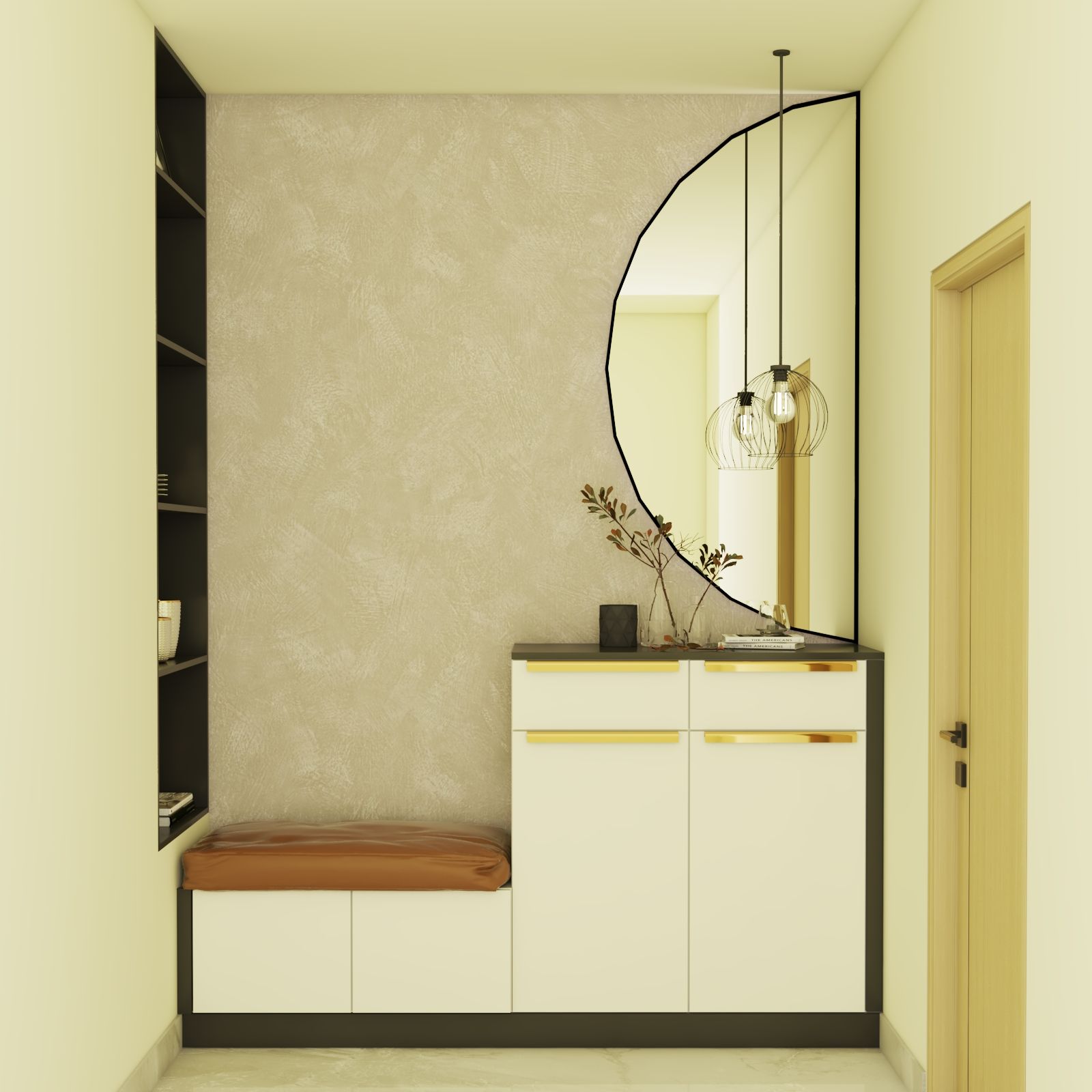 Contemporary Foyer Design With Semi-Circle Black Framed Mirror