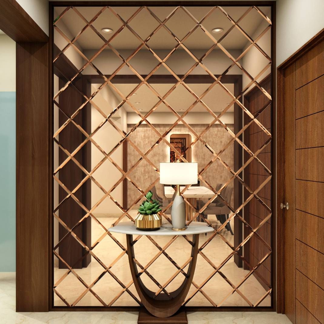 foyer-design-with-criss-cross-metal-partition-for-spacious-foyer-space