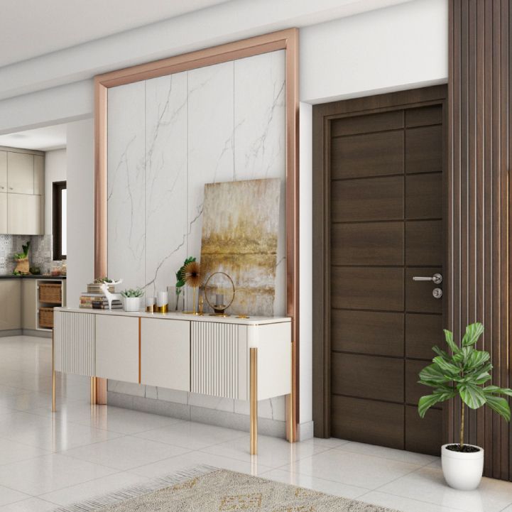 Scandinavian Foyer Design With White Marble Back Panel