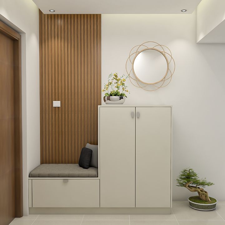 Contemporary Foyer Design With L-Shaped White Storage Unit