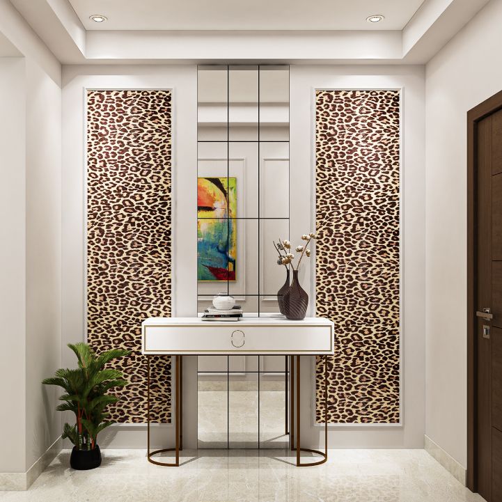 Modern Foyer Design With Printed Wallpaper And White Wall Trims