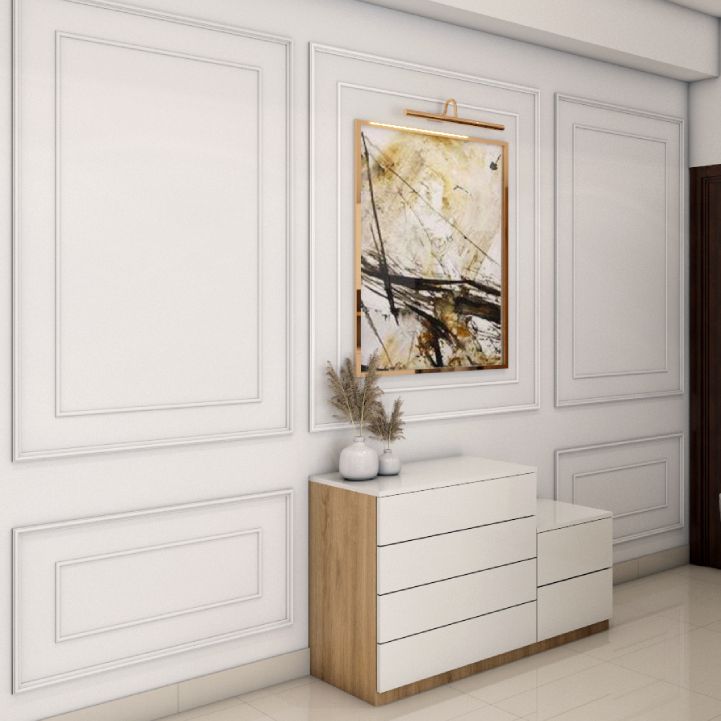 Contemporary Foyer Design With A Two-Tier White Storage Unit