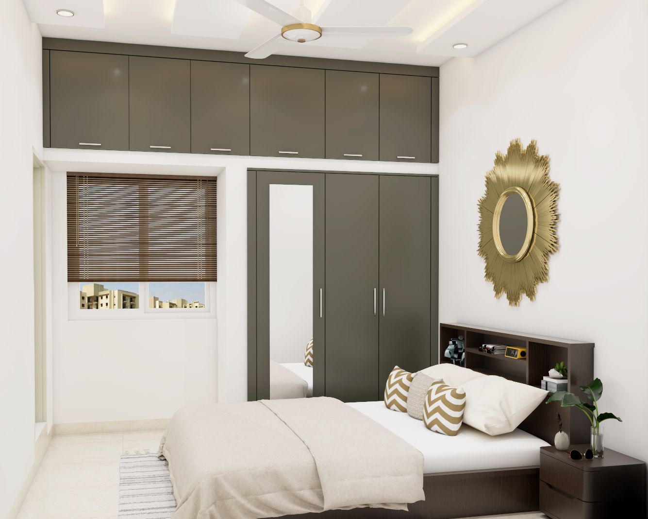 Modern Guest Bedroom Design With A Brown Laminated Wardrobe Livspace