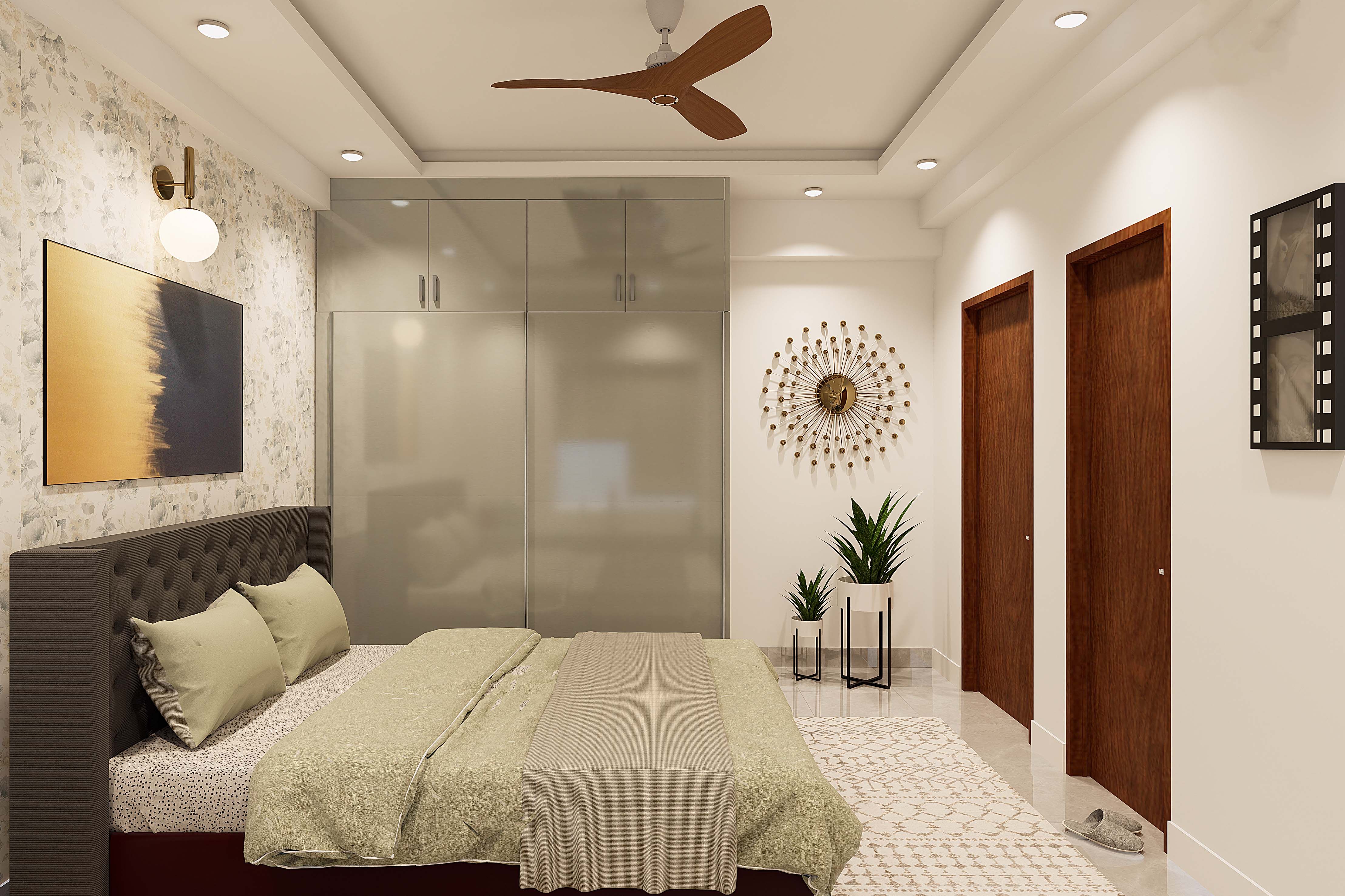 Grey-Toned Guest Bedroom Design With Sliding Shutter Wardrobe | Livspace