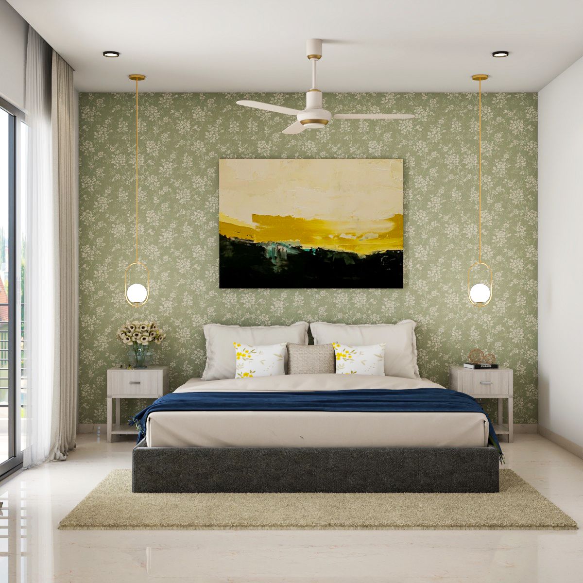 Contemporary Guest Bedroom With Floral Wallpaper