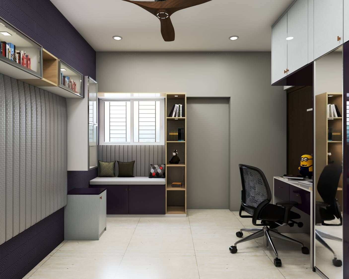 Spacious Study Room Design With White And Purple | Livspace