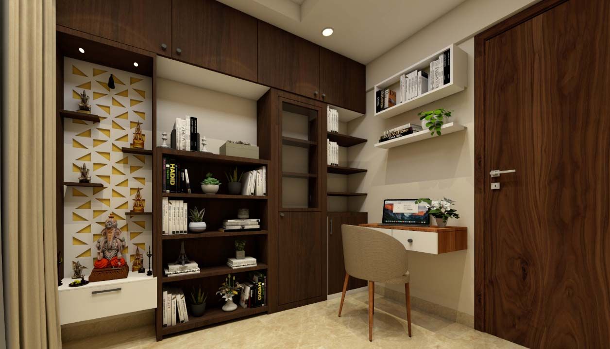 Spacious Shelves And Pooja Unit For Study Room Design 