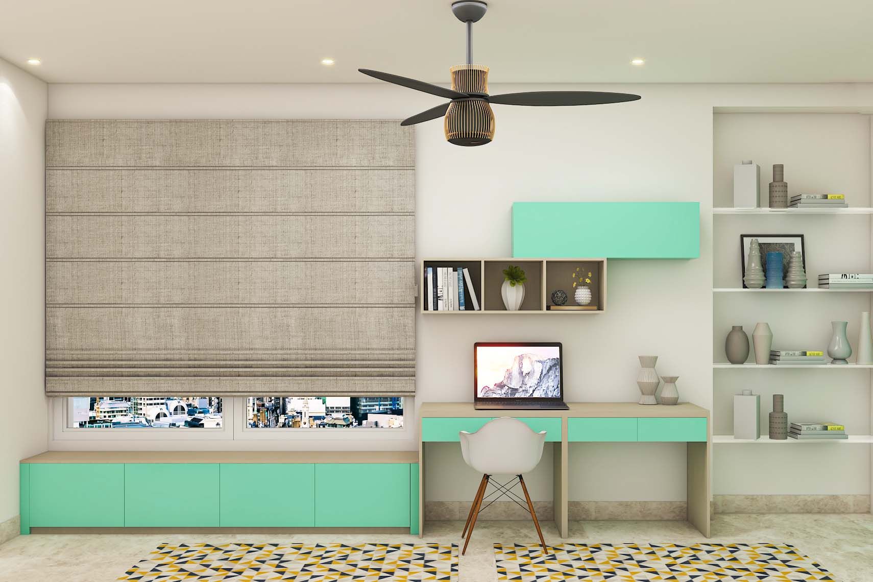 Modern Home Office Design With Mint Green Study Table And Open Wall Storage