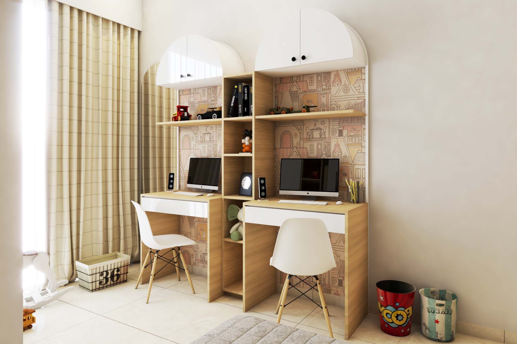 Modern Home Office Design With Two Study Tables And Wooden Laminates