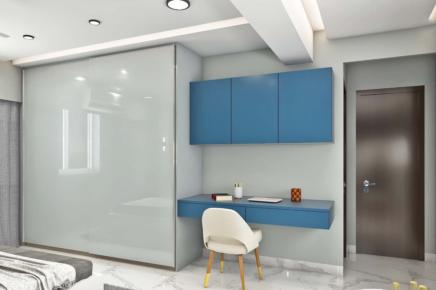 Modern Floating Home Office Design In Blue With Integrated Wardrobe