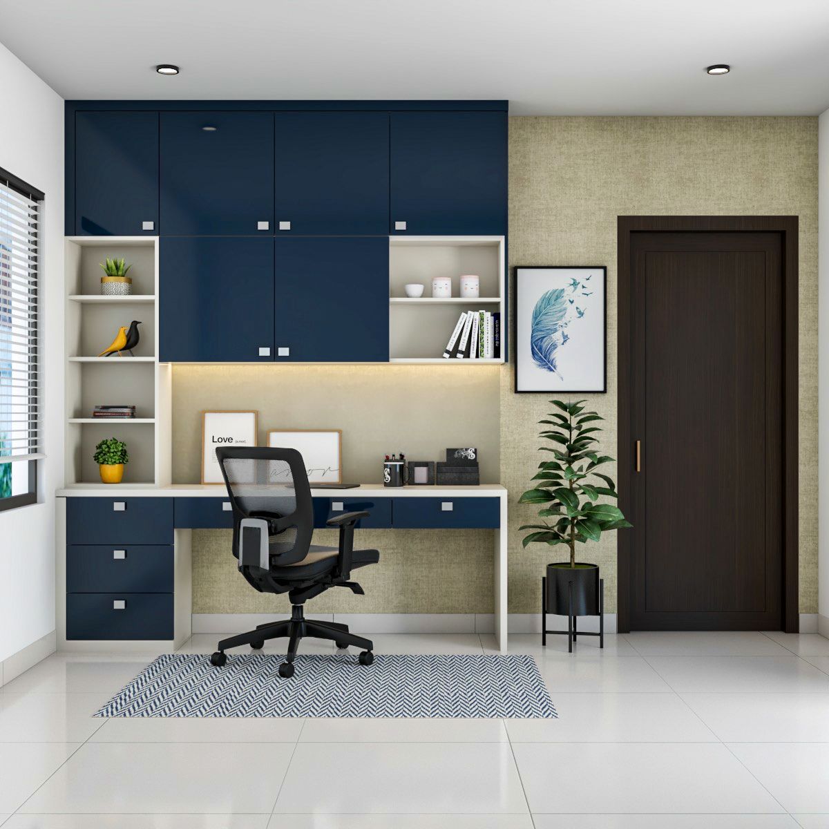 Spacious Blue And Beige Home Office Design | Livspace