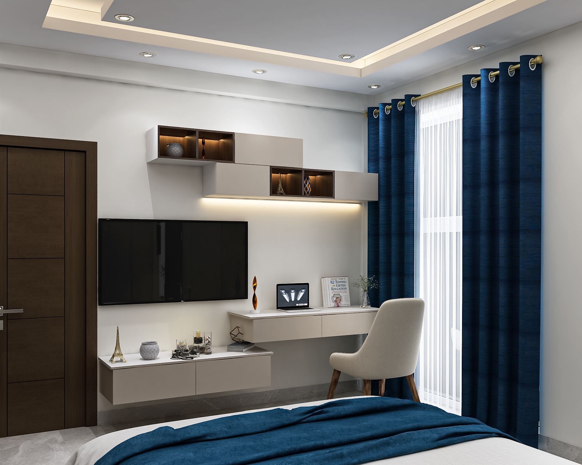 Compact White Study Room Design With Wall Shelf Livspace