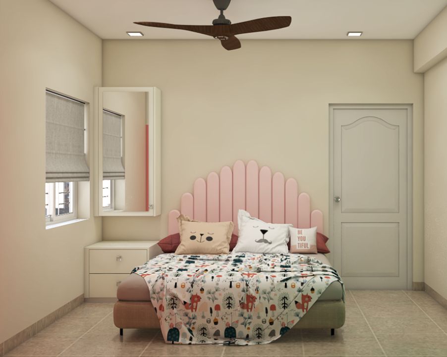 Modern Kids Room With Upholstered Double Bed And Side Table With Drawers