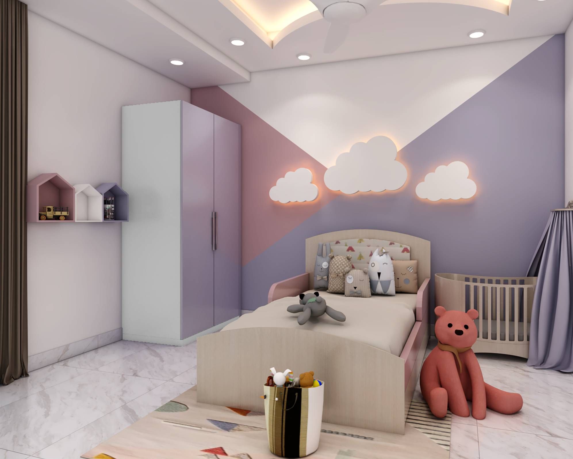 Compact Kid's Room Design With Tri-Colour Headboard | Livspace