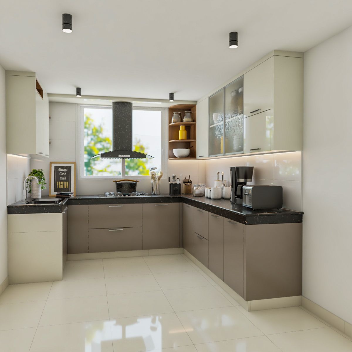 Modern U-Shaped Kitchen Design With Profile Lights