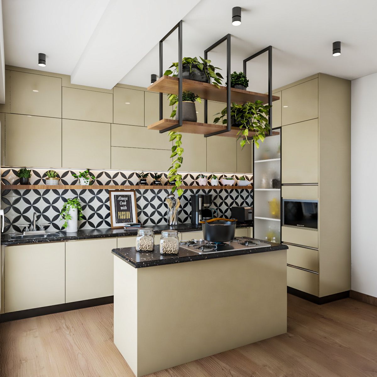 Modern Island Kitchen Design With Patterned Dado Tiles