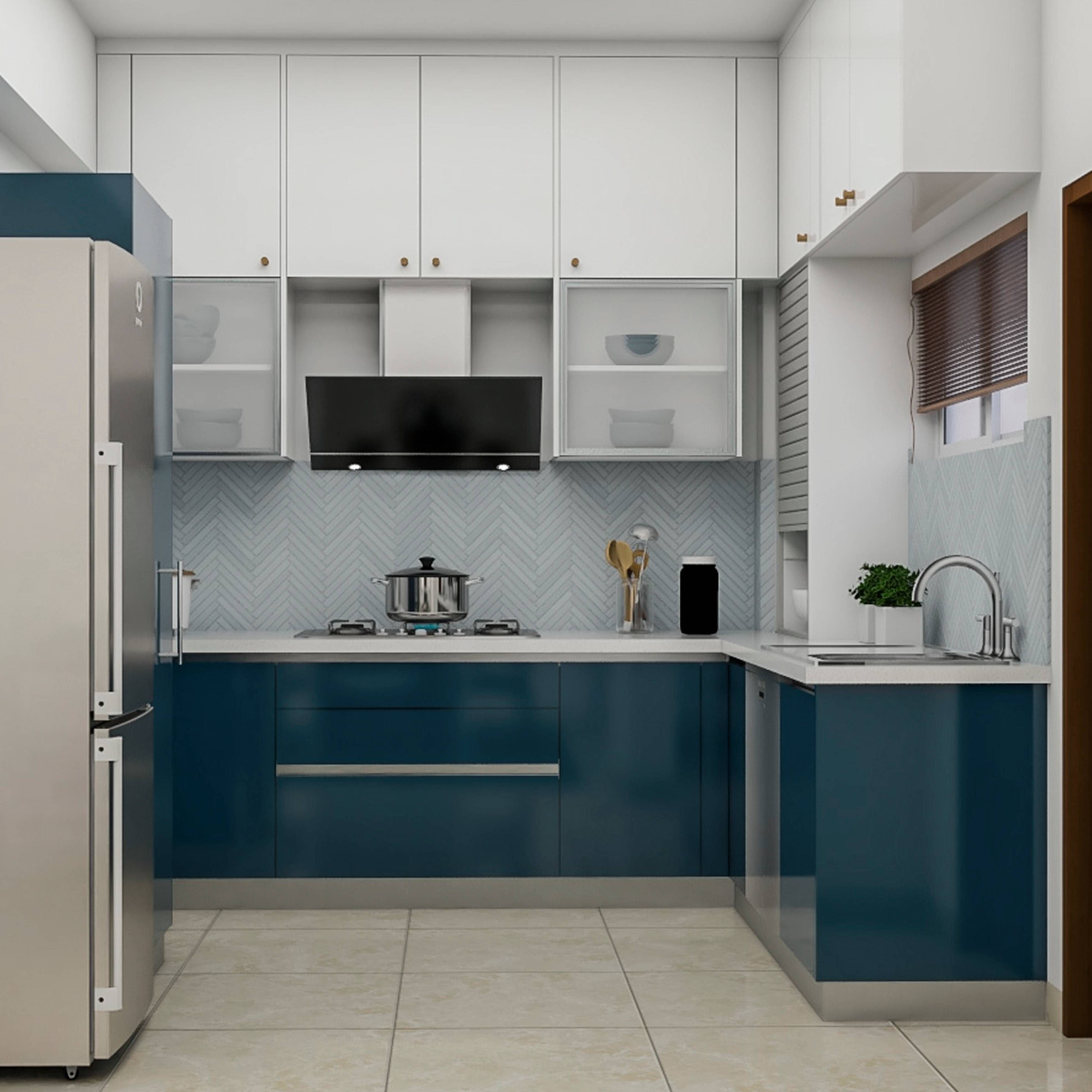 Modern L-Shaped Kitchen Cabinet Design In Blue And White