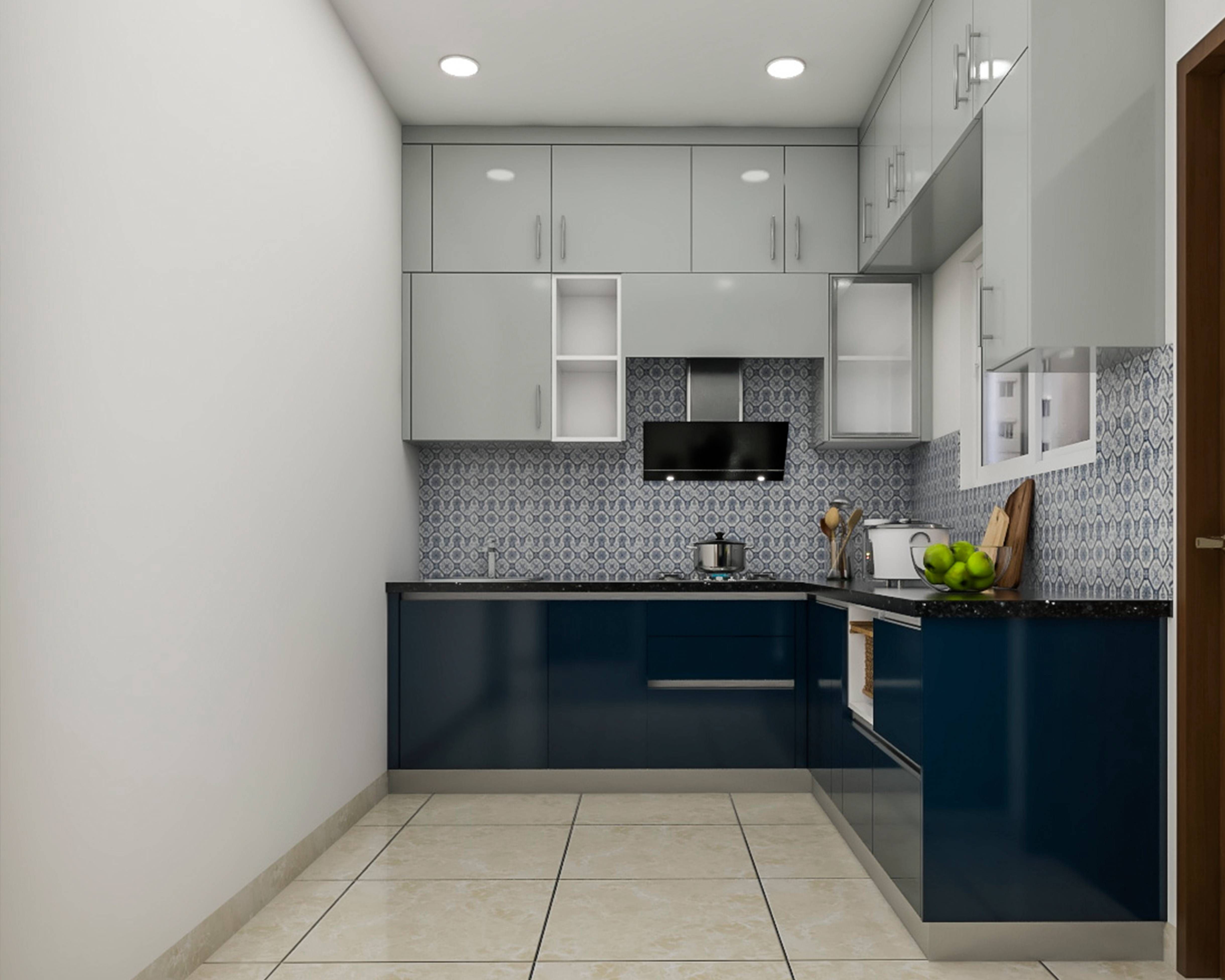 Contemporary L-Shaped Kitchen Design With Blue And Silver Cabinets