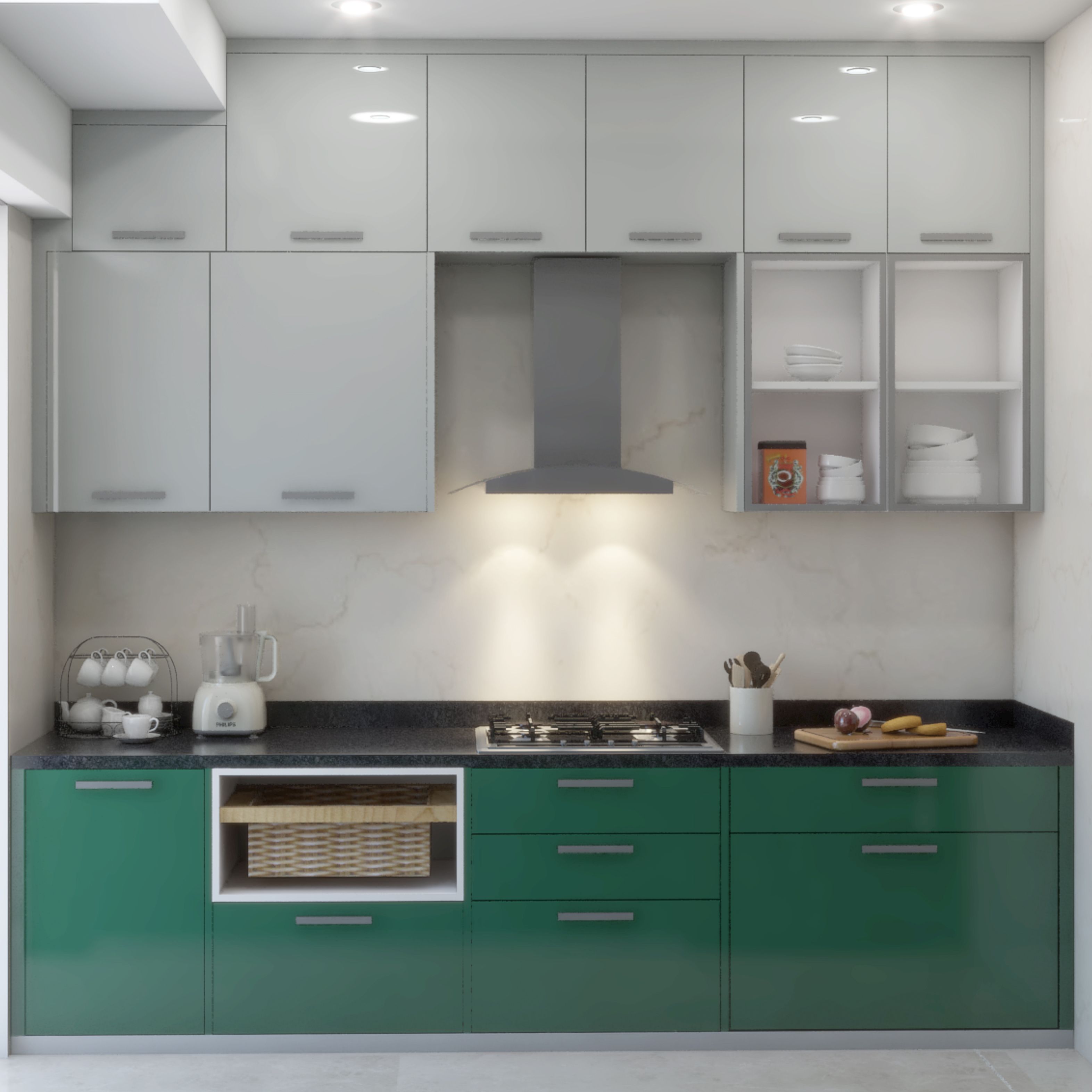 Contemporary Modular Parallel Kitchen Design In Green And Grey