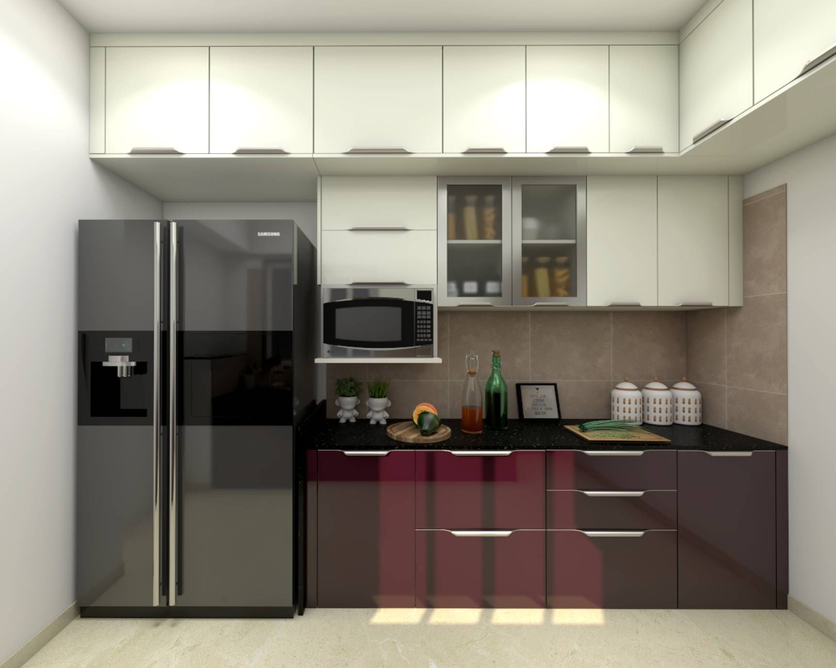 Modern Kitchen Design With Maroon Storage Cabinets
